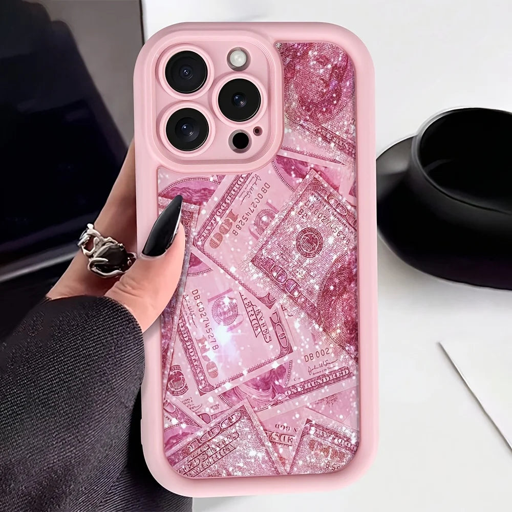 Pink Dollars Full-Coverage Banknote Design Silicone Phone Case For iPhone 17AIR 16 15 14 13 12 11PROMAX Cover