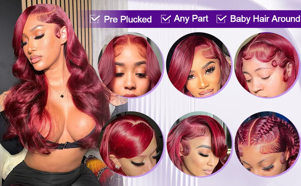 40 42 Inch 99J Burgundy Hd Lace Frontal Wig 13X6 200 Density Brazilian Body Wave Human Hair Wig Red Colored Hd Lace Front Wigs