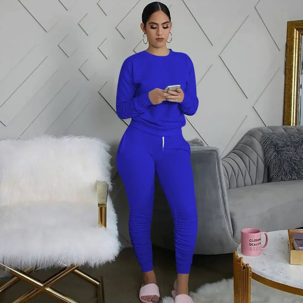 Women’s Slim Fit Long Sleeve Two Piece Set – Casual Warm Top & Elastic Waist Pants Outfit
