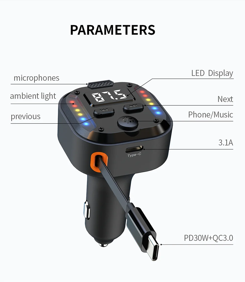 Bluetooth 5.3 FM Transmitter Handsfree Car AUX Radio Modulator MP3 Player with QC3.0 & PD30W Fast Charge Adapter Car Accessories