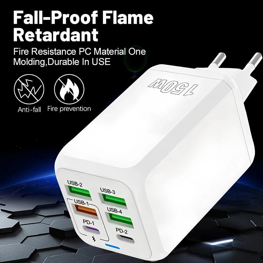 150W 6-Port USB Charger PD QC3.0 Type C Fast Charging Adapter Super Fast Charger For iPhone Samsung Xiaomi OnePlus EU/UK/US Plug