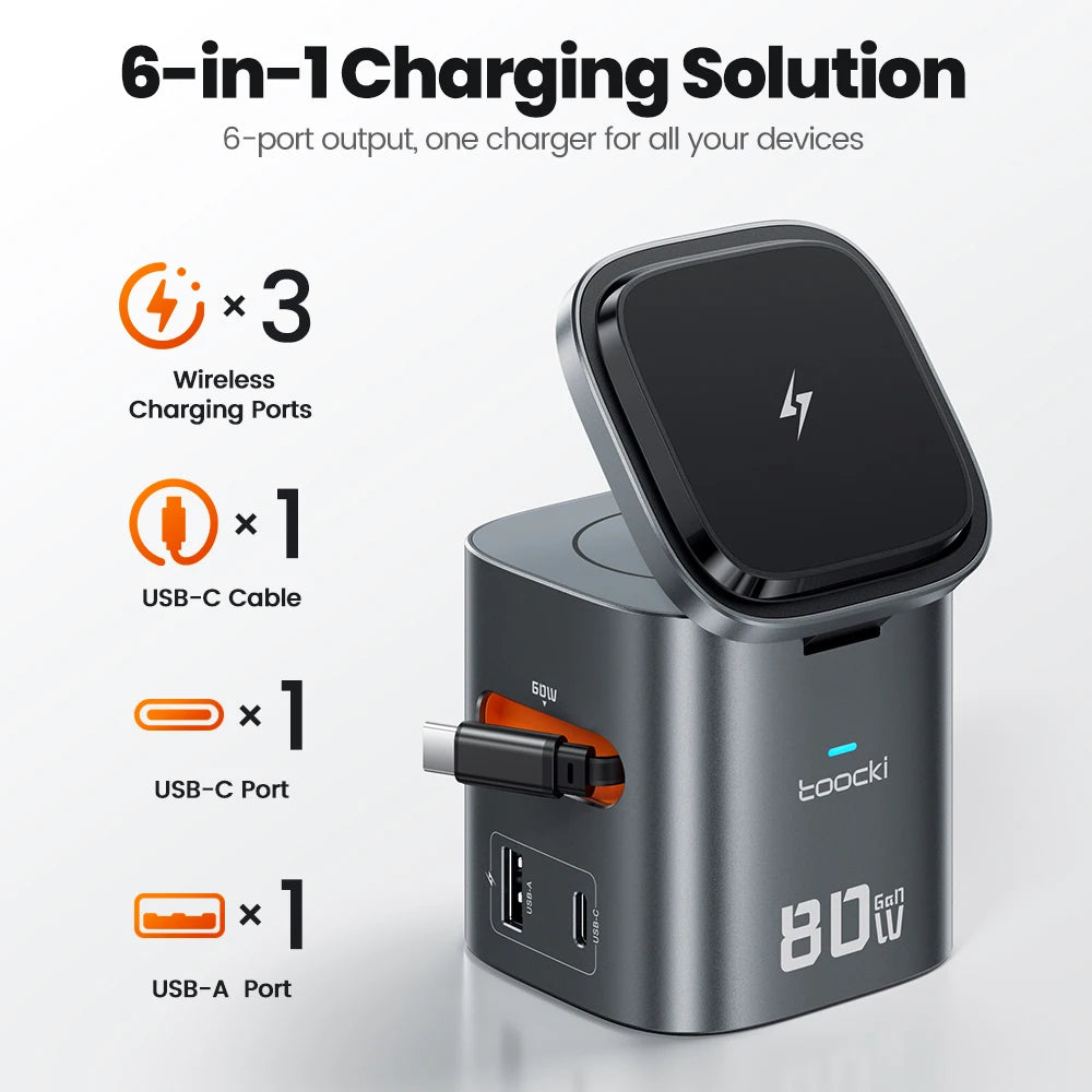 80W GaN Charging Station 6-in-1 Fast Wireless Charger for MacBook iPhone 17 16 - Retractable 65W PD Magsafe Compatible
