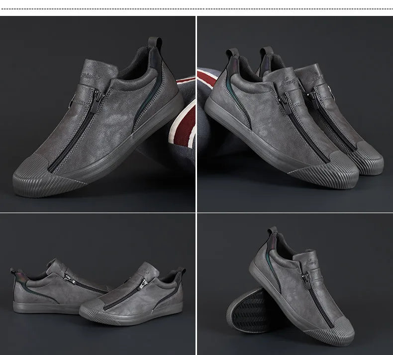 Winter Men Leather Casual Shoes Fashion Double Zipper High Tops Flat Shoes Slip on Plush Male Sneakers Loafers Tenis Masculino