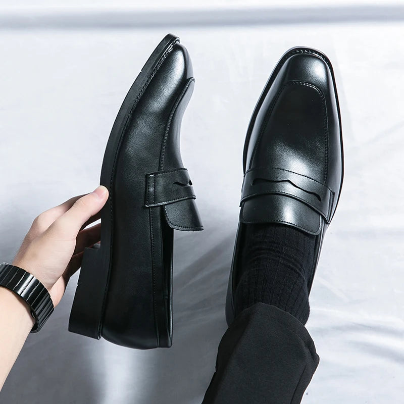 Fashion Penny Loafers Leather Men Shoes Simple Pointed Toe Slip On Dress Business Suit Casual Party Wedding Shoes For Man Brown