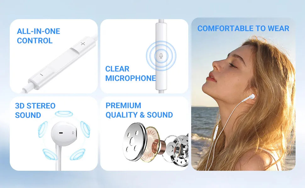 Headphones for iPhone 17 16 15, Wired Type C Earphones Built-in Microphone & Volume Control, HiFi Stereo Sound Earbuds