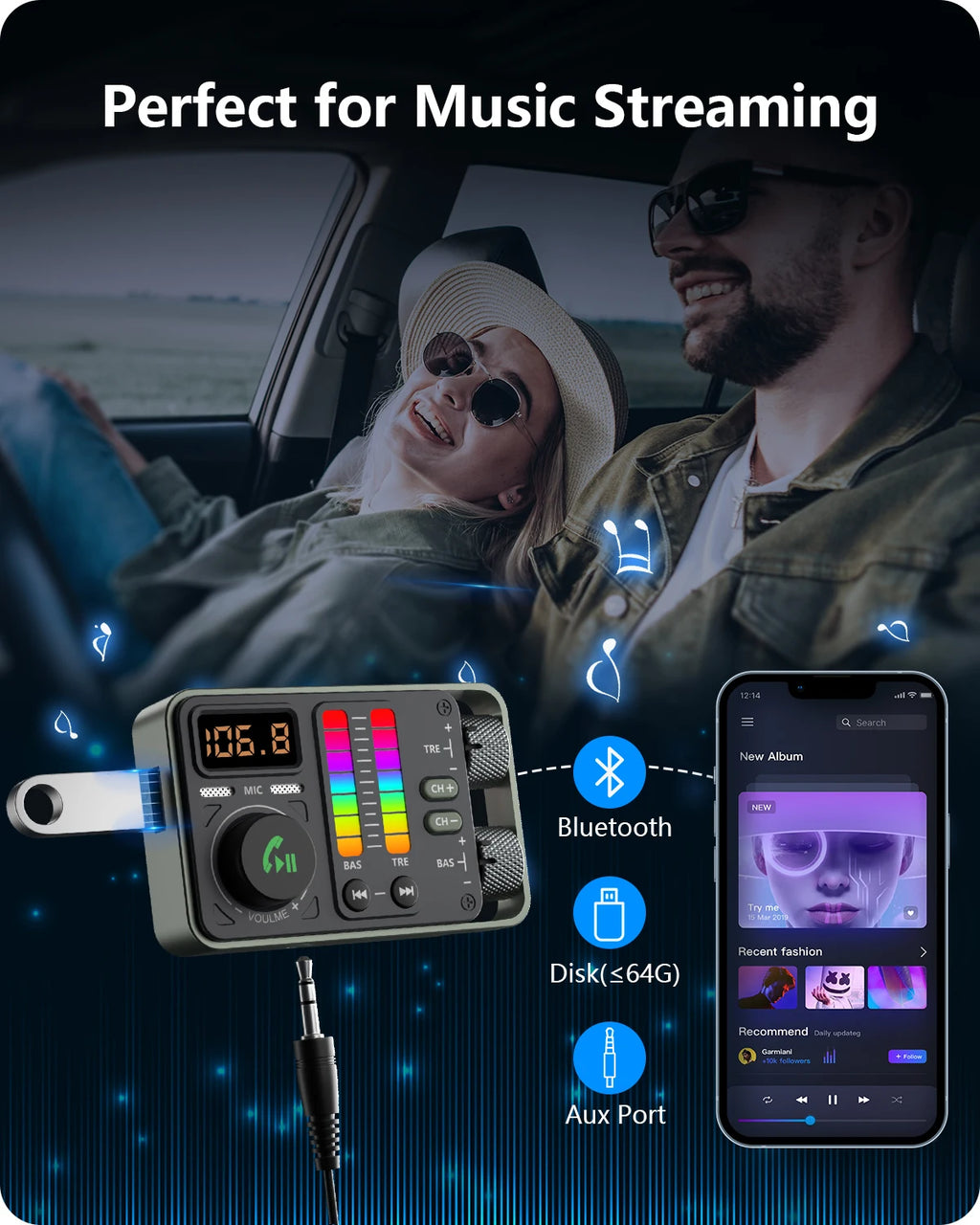 Bluetooth 5.3 Car FM Transmitter, Hi-Fi Treble & Bass Music Player, PD20W QC18W Fast Car Charger, Radio Bluetooth Car Ad