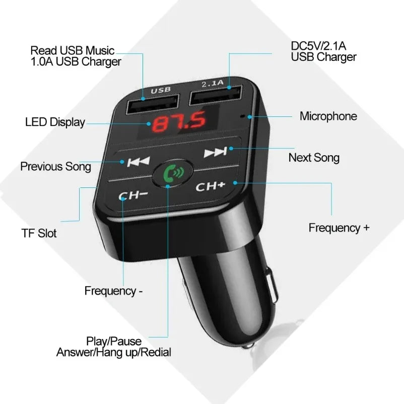 Car Wireless Adapter Bluetooth 5.0 FM Transmitter Mic Audio Receiver Auto MP3 Player 2.1A Dual USB Fast Charger Car Accessories