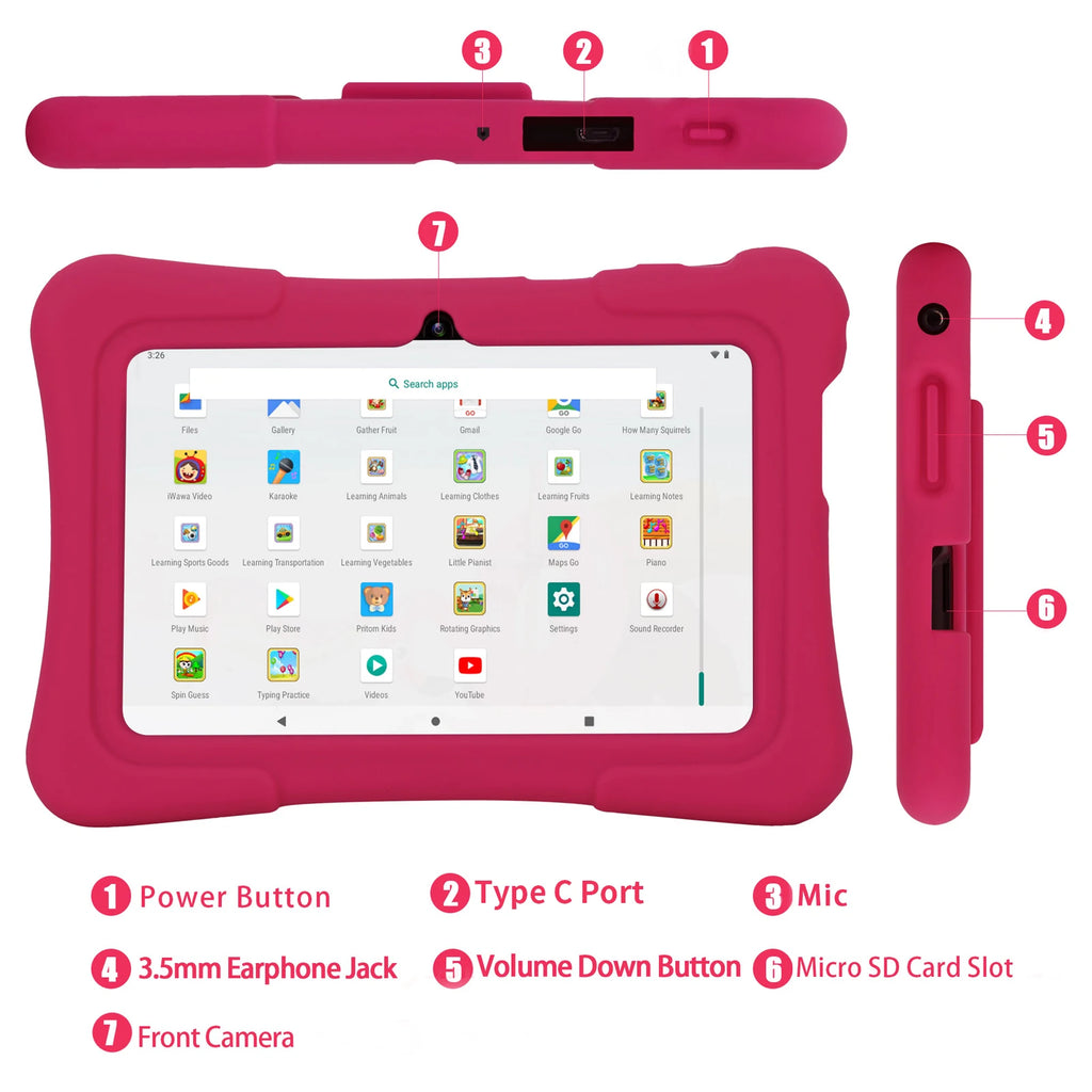 PRITOM 7 Inch Kids Tablet Quad Core Android 13 32GB WiFi Bluetooth Educational Software Installed