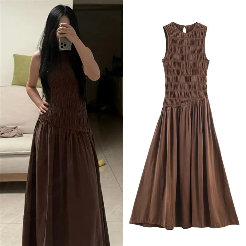 Women's French Simple Fluffy Midi Dress Sleeveless round Neck Mid-Length Casual A-Line Polyester Spring New Product