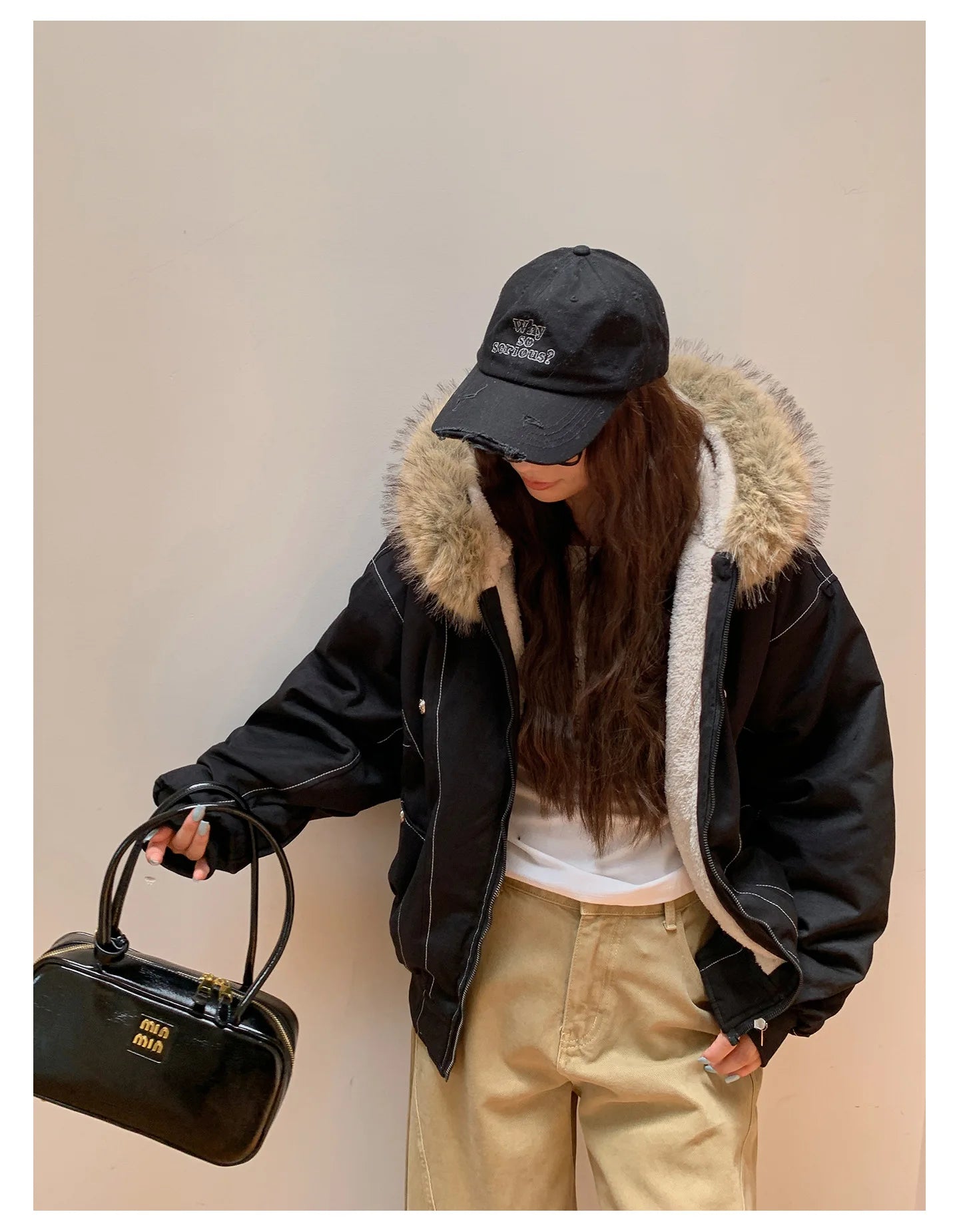 Women Short Parkas Coat Solid Jacket Big Fur Collar Hooded Zipper Pocket Long Sleeve Loose Casual Office Lady 2025 Autumn Winter