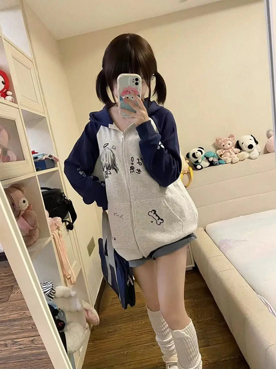 Autumn Japanese Kawaii Cute y2k Aesthetics Patchwork Sweatshirt women Cartoon Anime Print Harajuku Retro Streetwear Jacket Tops