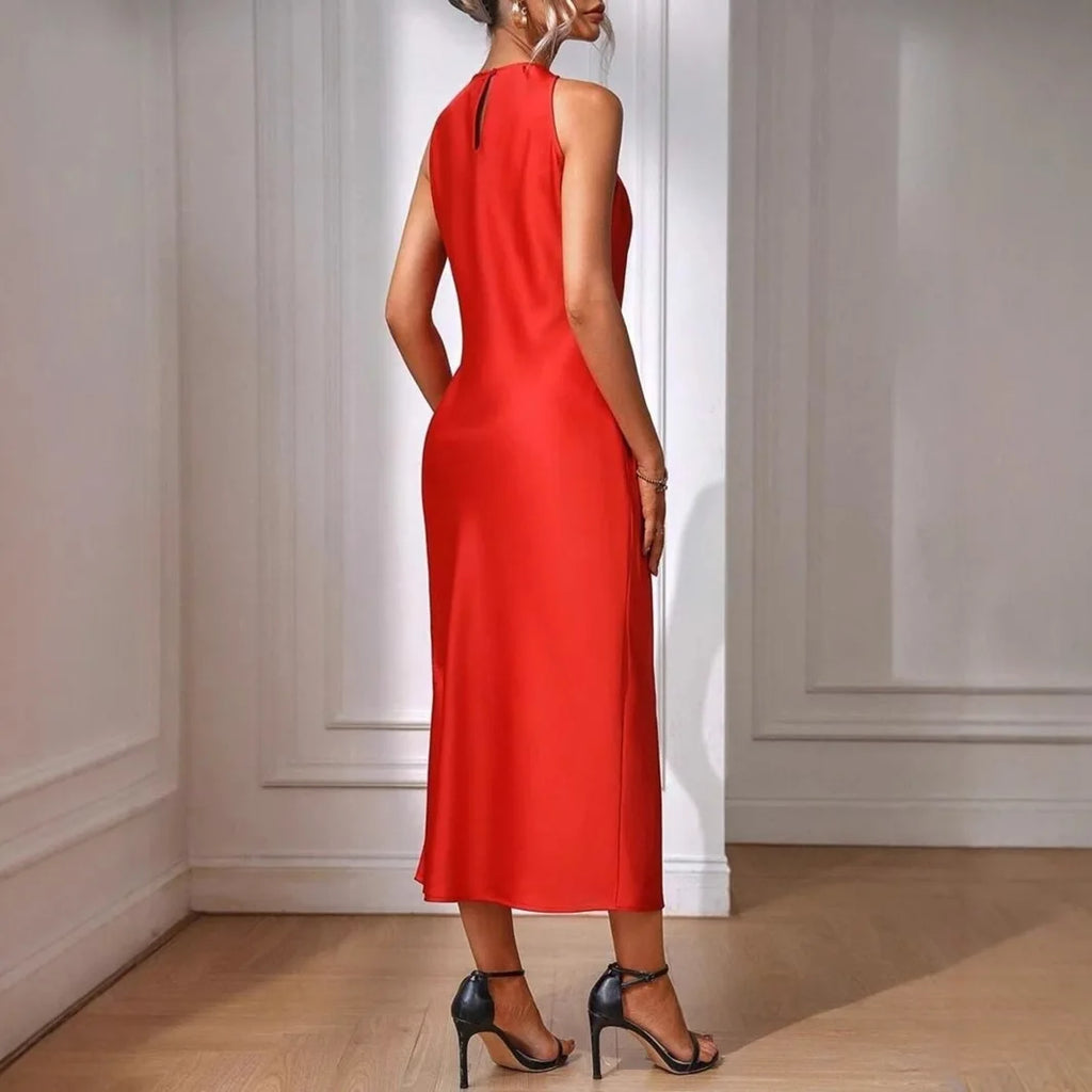 Women's Elegant Satin Sleeveless Midi Dress Solid Color O-Neck Slim Fit Fashion Ankle-Length Street Party Dress