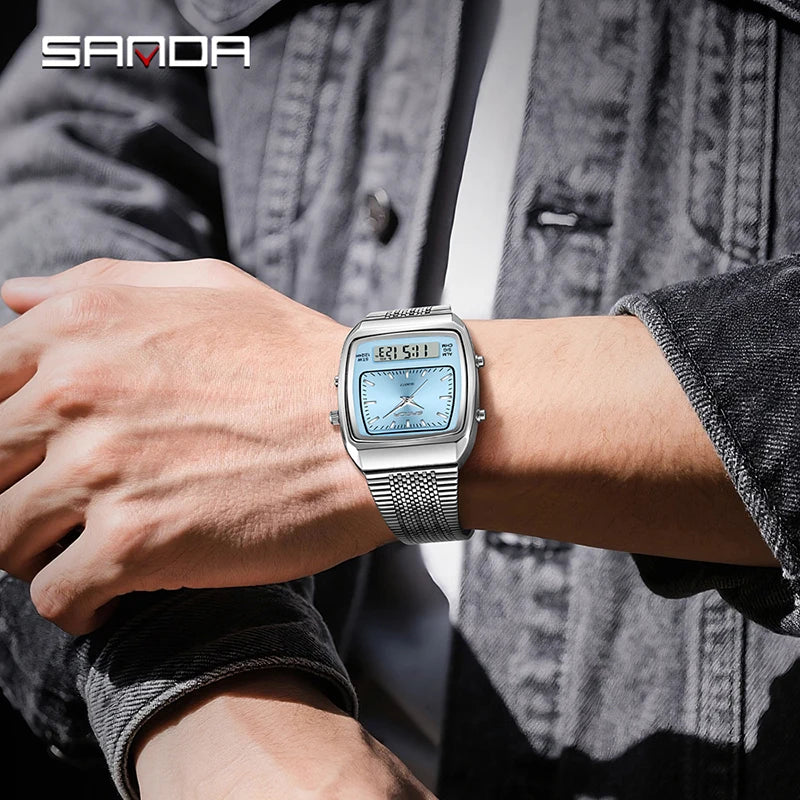 SANDA 3393 Men's Electronic Quartz Watch Fashion Multifunction Dual Display Clock Luminous Waterproof Casual Men Digital Watches