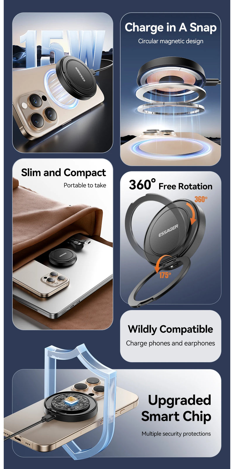 Essager Magnetic 15W Wireless Charger Fast Charging Pad Stand for iPhone 15 14  Airpods USB To Typec Phone Chargers Dock Station