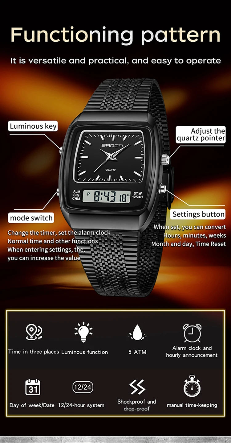 SANDA 3393 Men's Electronic Quartz Watch Fashion Multifunction Dual Display Clock Luminous Waterproof Casual Men Digital Watches