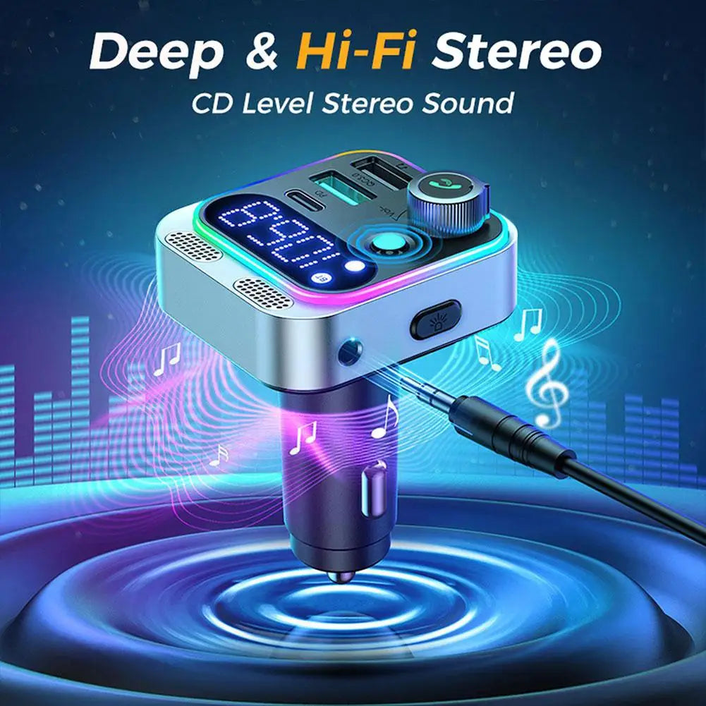 Bluetooth 5.0 FM Transmitter Car Adapter with AUX Bass Boost 3-Port Charger - Wireless Music Streaming Car Charger