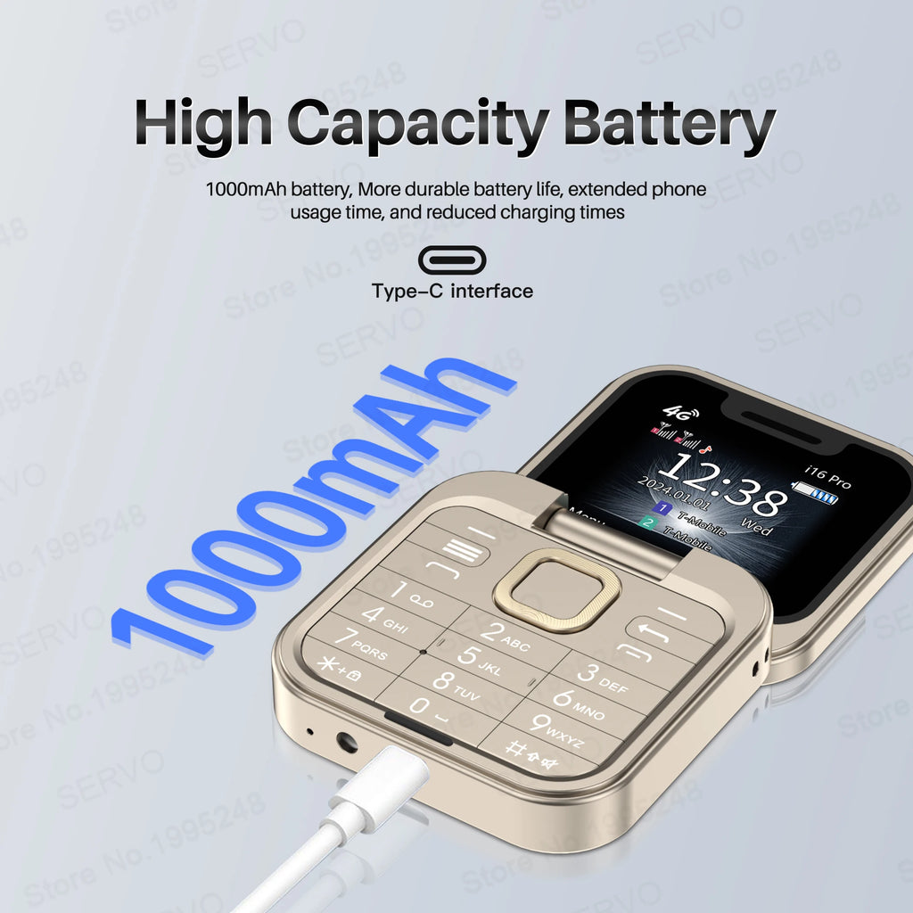 i16 Pro 4G LTE Mini Flip Mobile Phone Dual SIM Standby Call Recording Speed Dial FM Radio Blacklist Small Fold Cellphones