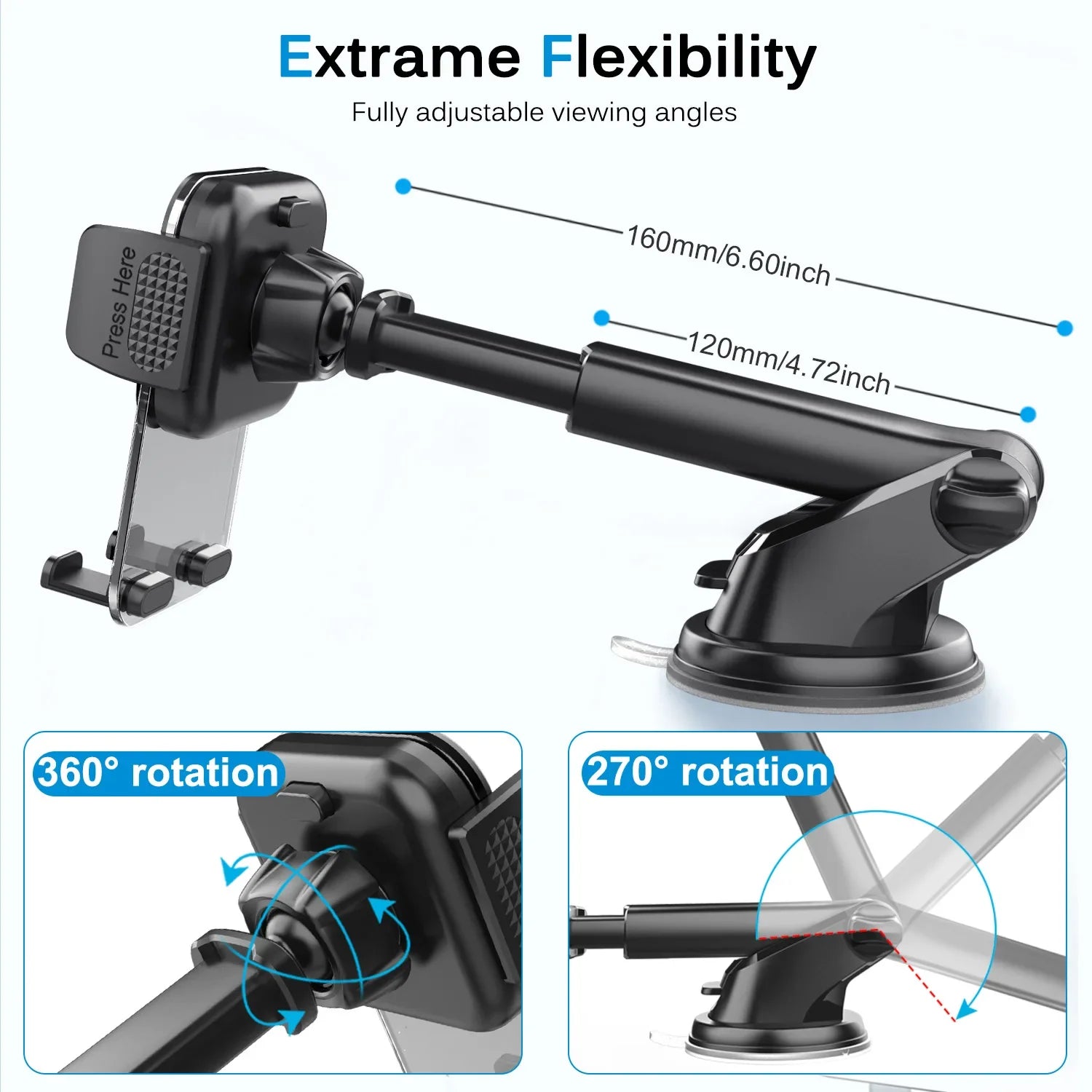 Car Phone Holder for Dashboard Windshield Acrylic Cellphone Mount Clip Support Stand for 4.7-7" Mobile Phone, Auto Accessories