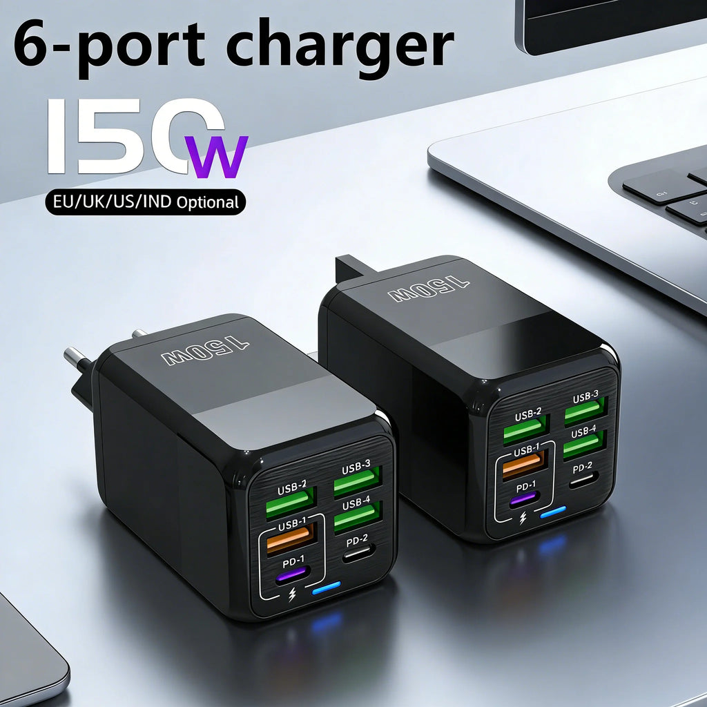 150W 6-Port USB Charger PD QC3.0 Type C Fast Charging Adapter Super Fast Charger For iPhone Samsung Xiaomi OnePlus EU/UK/US Plug