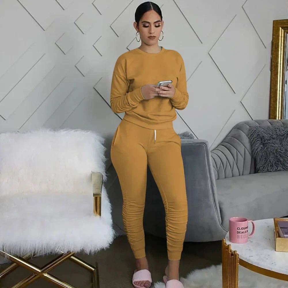 Women’s Slim Fit Long Sleeve Two Piece Set – Casual Warm Top & Elastic Waist Pants Outfit