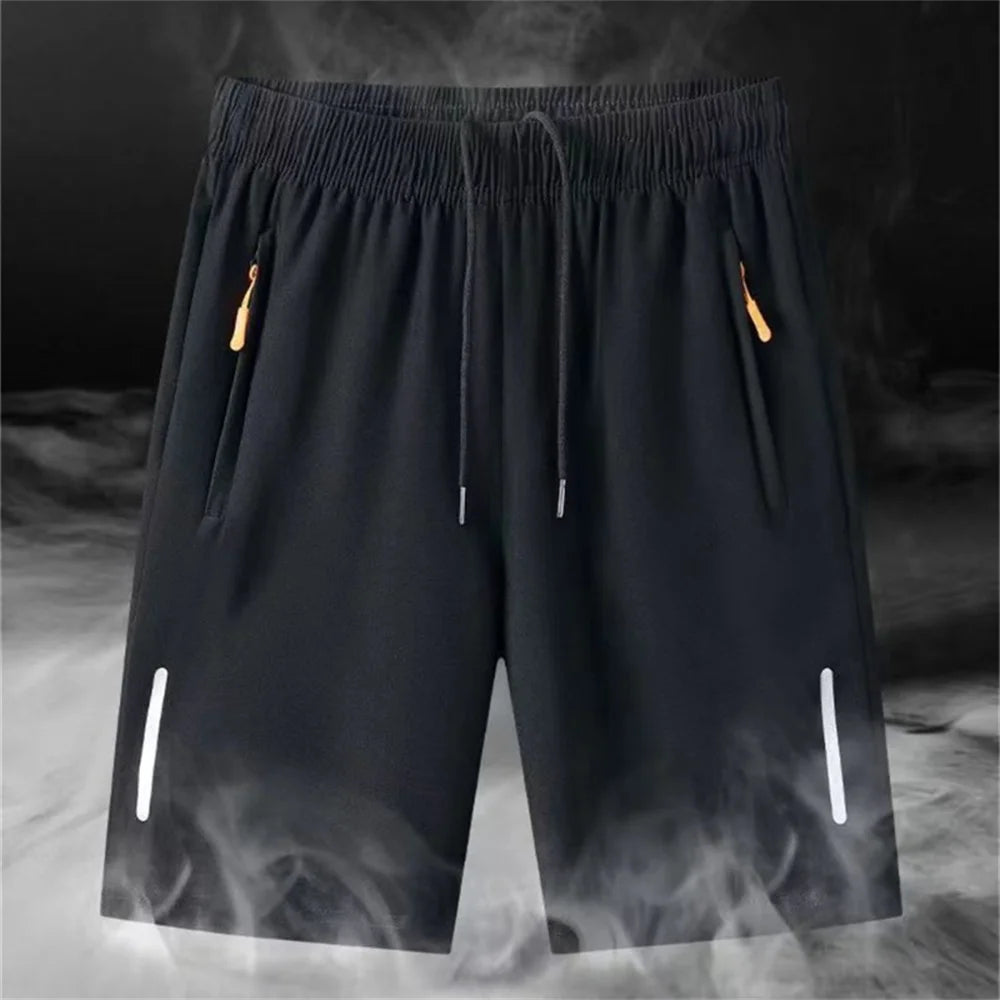 Men's Summer Thin Ice Silk Casual Shorts Quick Dry Loose Fit Elastic Waist Gym Sports Jogging Pants with Zipper