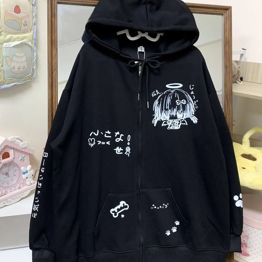Autumn Japanese Kawaii Cute y2k Aesthetics Patchwork Sweatshirt women Cartoon Anime Print Harajuku Retro Streetwear Jacket Tops