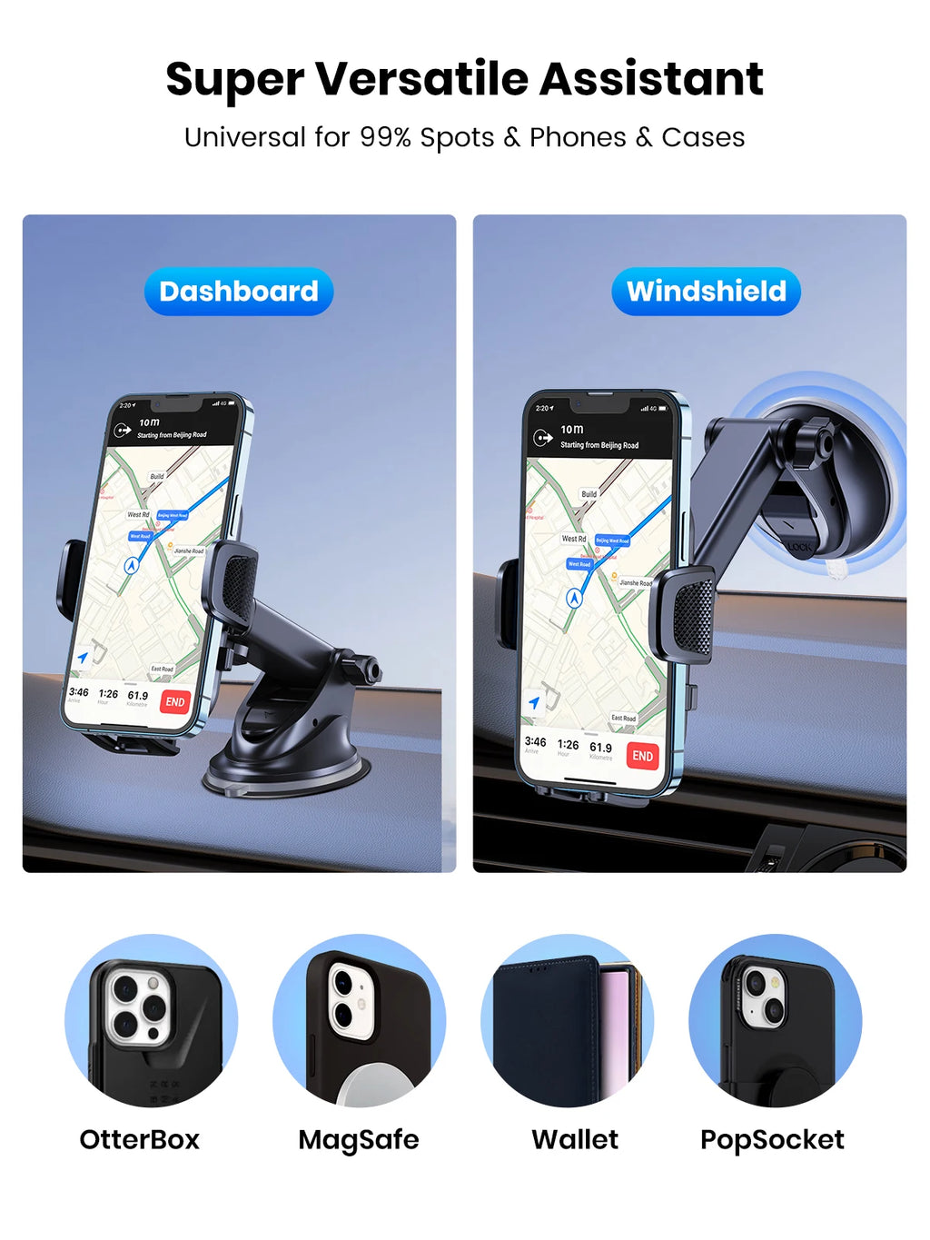 Universal Car Phone Holder Mount - Strong Suction Dashboard Stand for Smartphone Black Compact Size Eye-Catching Accessory