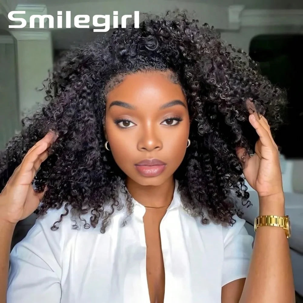 200 Density 3-In-1 Jerry Curly Half Wig Human Hair eamless Flip Over Half Wig Human Hair Glueless Wear And Go Drawstring HeadbW