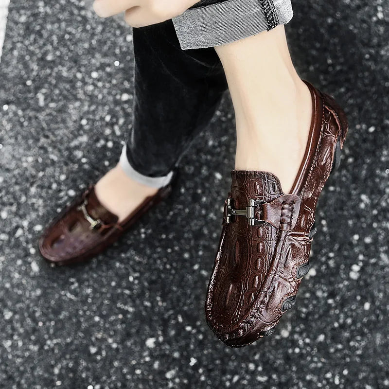 Men Casual Shoes Genuine Leather Crocodile Style Luxury Brand Mens Loafers Moccasins Slip on Black Driving Shoes Plus Size 38-47