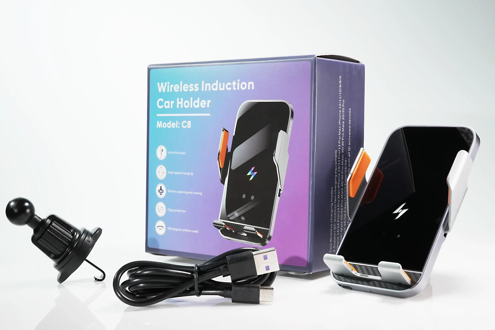 Car Wireless Charging Phone Holder Smart Sensing Fast Wireless Charger Phone Mounts 360° Rotation Inductive automatic clamping