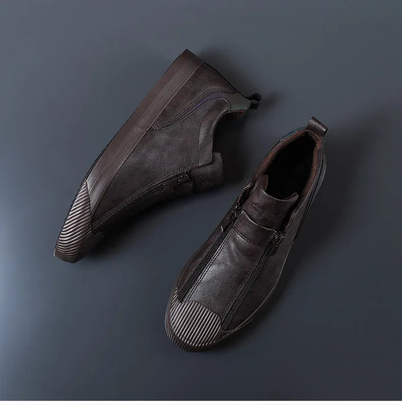 Winter Men Leather Casual Shoes Fashion Double Zipper High Tops Flat Shoes Slip on Plush Male Sneakers Loafers Tenis Masculino