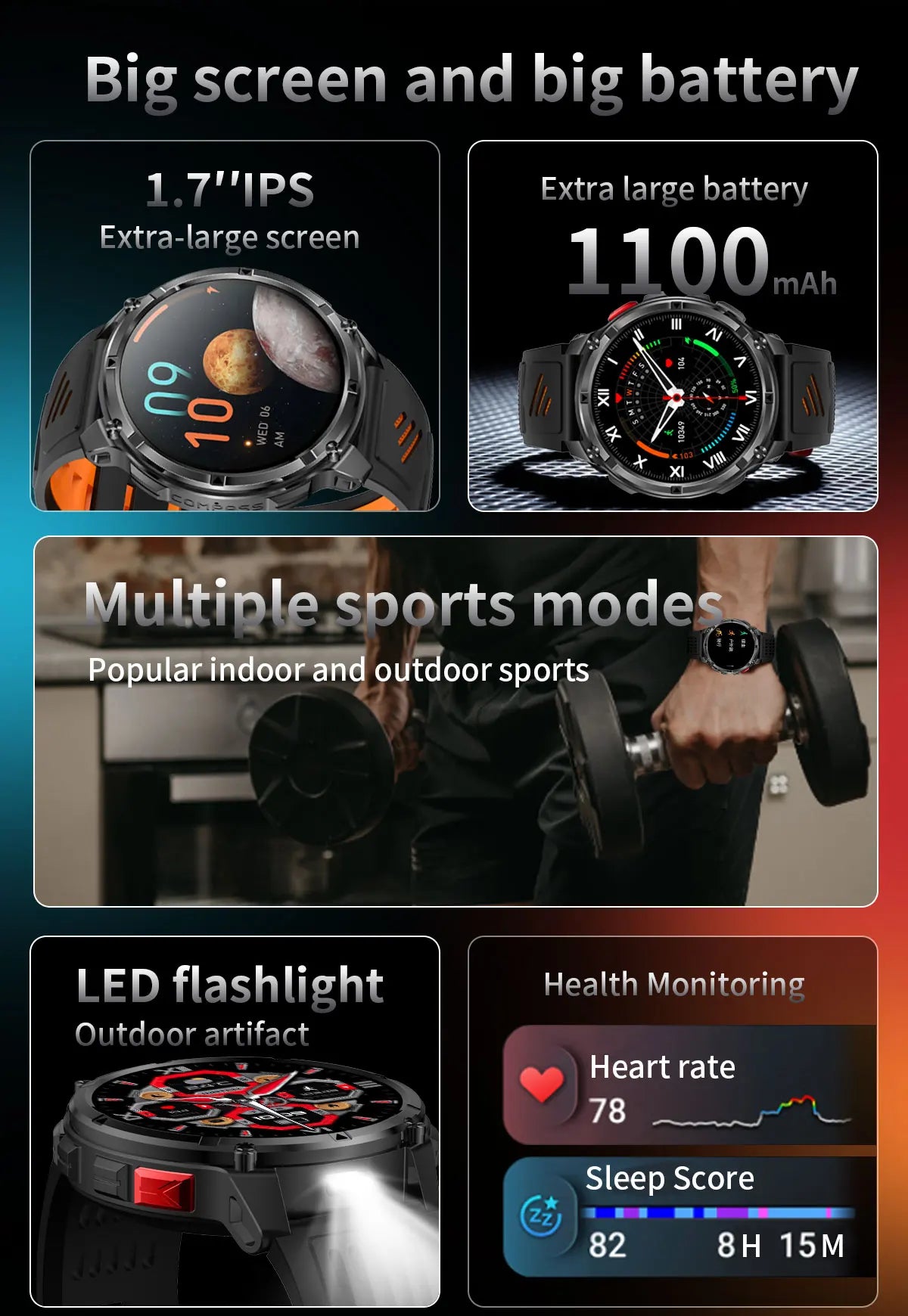 Men Smart Watch 1.7inch LED Flashlight HT33 BT Calling Outdoor Sports Compass Health Monitoring 1100mAh Large Battery Smartwatch