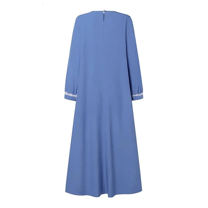Women's Long Sleeve Lace Robe Muslim Bohemian Style Polyester Abaya Casual Ramadan Spring Vest for Adults Middle Age
