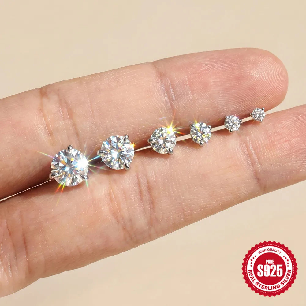 CANNER 1PC Classic Three Claws 0.03-1.2 Carat Sparkling D Color Moissanite Piercing Earring Women 925 Sterling Silver Earring