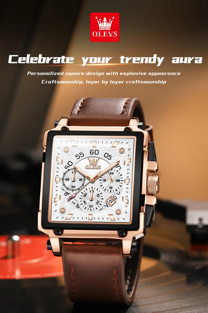 Men’s Square Dial Leather Strap Watch