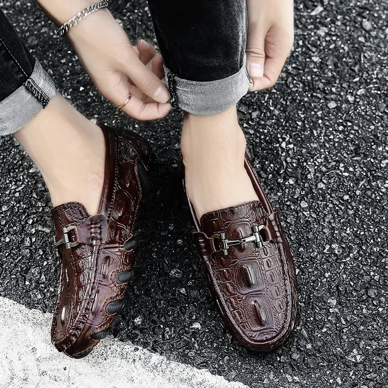 Men Casual Shoes Genuine Leather Crocodile Style Luxury Brand Mens Loafers Moccasins Slip on Black Driving Shoes Plus Size 38-47