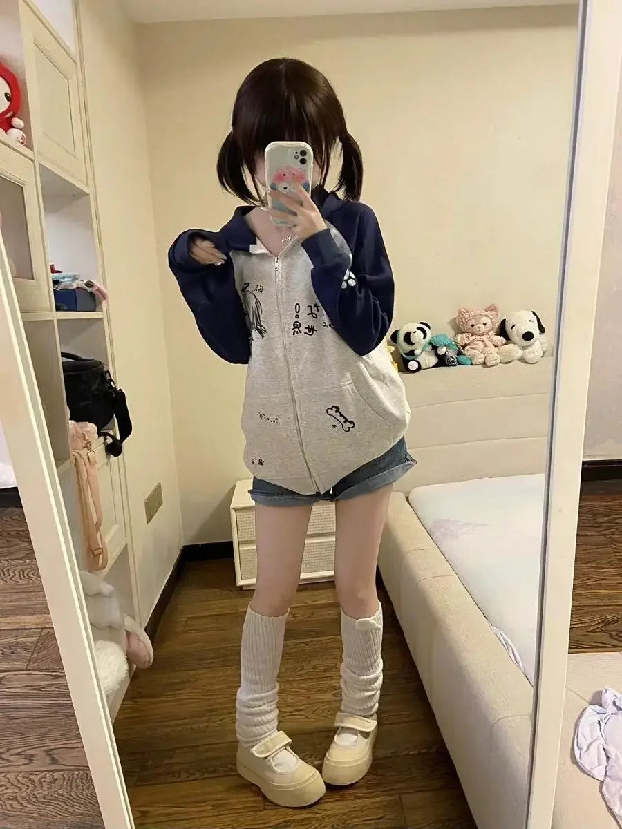 Autumn Japanese Kawaii Cute y2k Aesthetics Patchwork Sweatshirt women Cartoon Anime Print Harajuku Retro Streetwear Jacket Tops