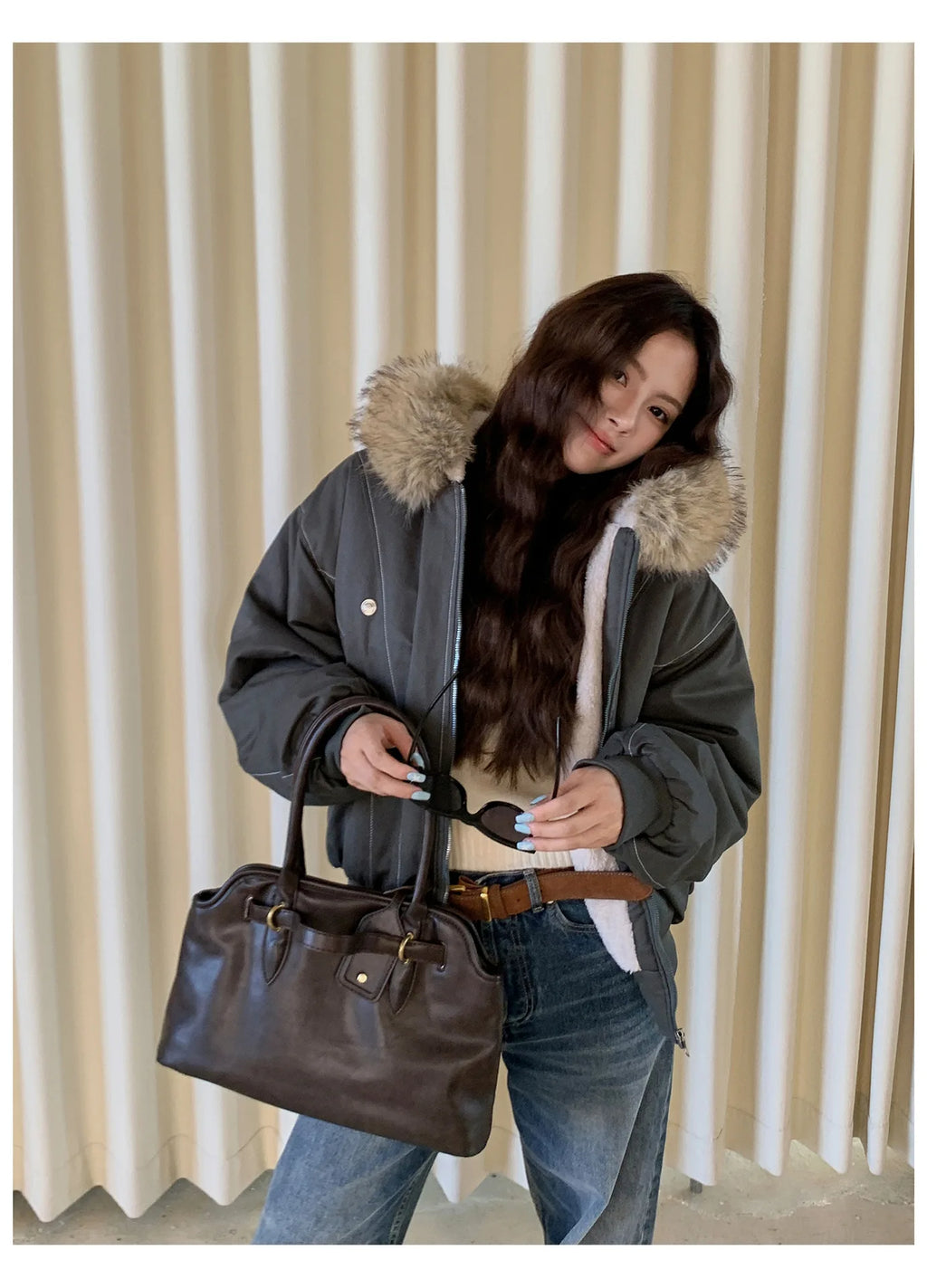 Women Short Parkas Coat Solid Jacket Big Fur Collar Hooded Zipper Pocket Long Sleeve Loose Casual Office Lady 2025 Autumn Winter