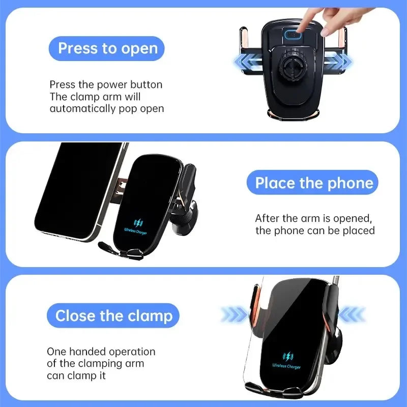 Fast Charge Wireless Car Charger with Manual Clamping Air Vent Mount for Samsung Android & iPhone 16 15 14 13 - Type C Qi Certified