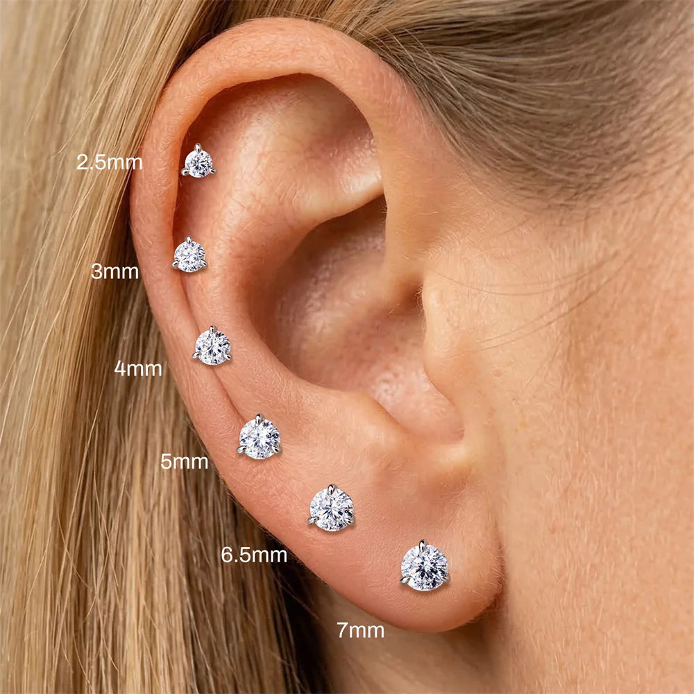 CANNER 1PC Classic Three Claws 0.03-1.2 Carat Sparkling D Color Moissanite Piercing Earring Women 925 Sterling Silver Earring