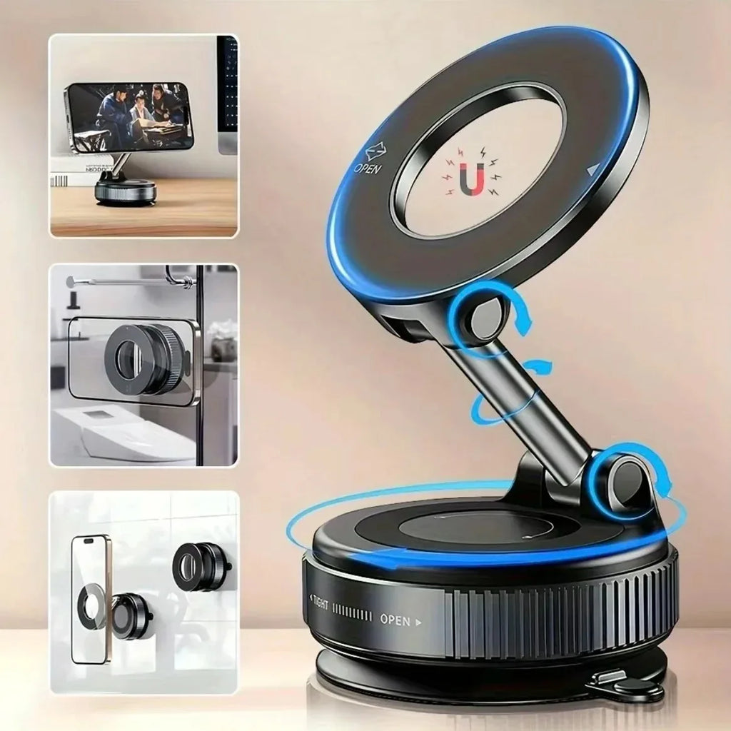 Magnetic Phone Mount 360° Rotation Vacuum Suction Car Holder Foldable Retractable for Safe Driving