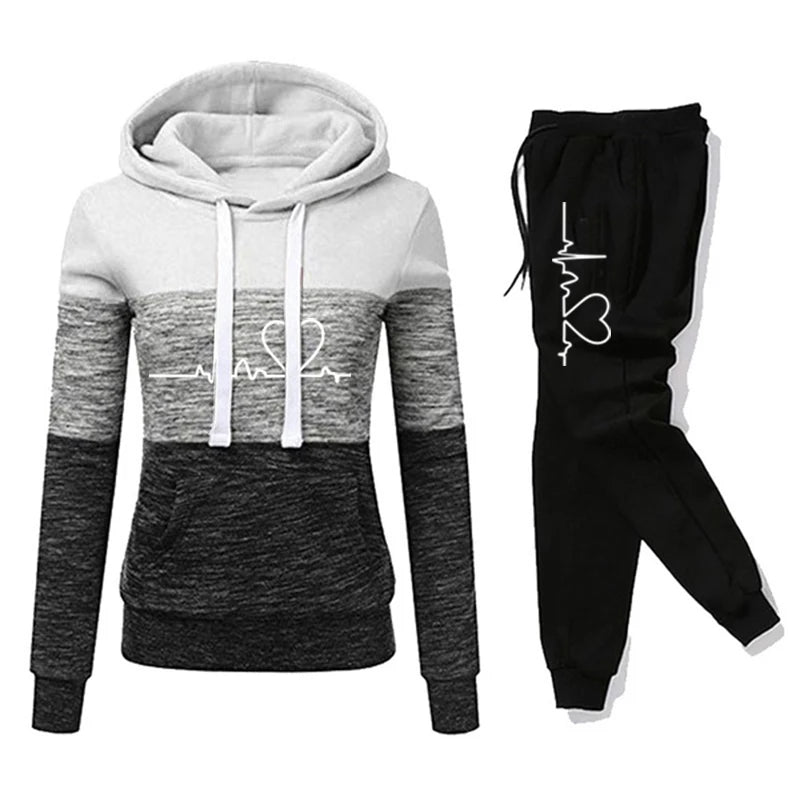 Women Tracksuit Printing Hooded Sweatshirt Sweat pant Color Block Versatile Casual Jogging Pullovers Sport Trousers Outfits