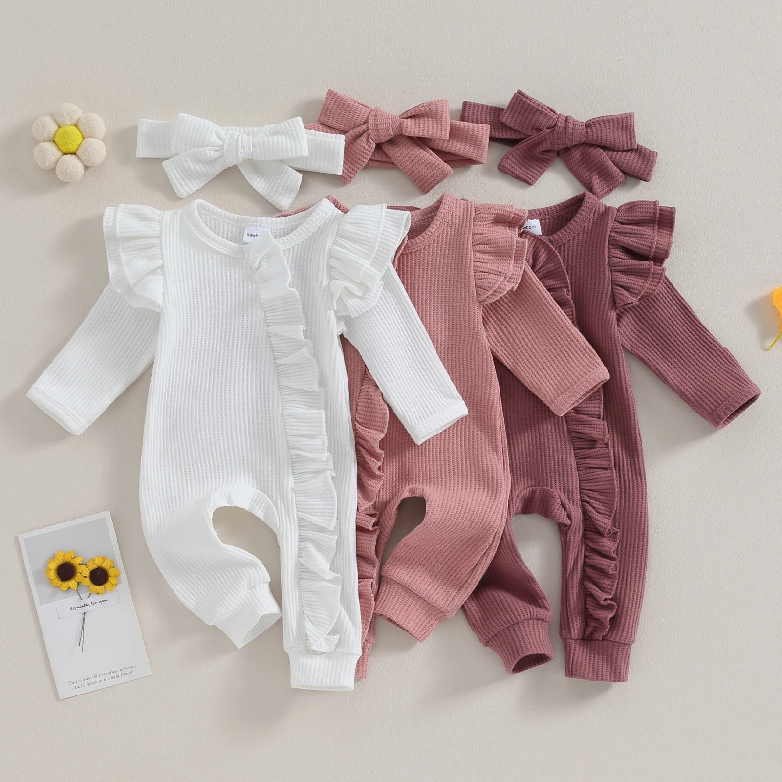 Infant Baby Girl Autumn Jumpsuit Solid Color Round Neck Flying Sleeve Ruffled Zipper Romper with Bow Headband 0-12M