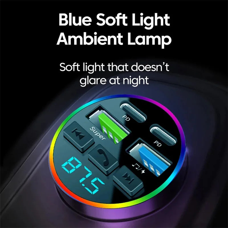 Bluetooth 5.0 FM Transmitter Car USB Quick Charge 4 Ports with Atmosphere Light Hands-Free Call And Music Input