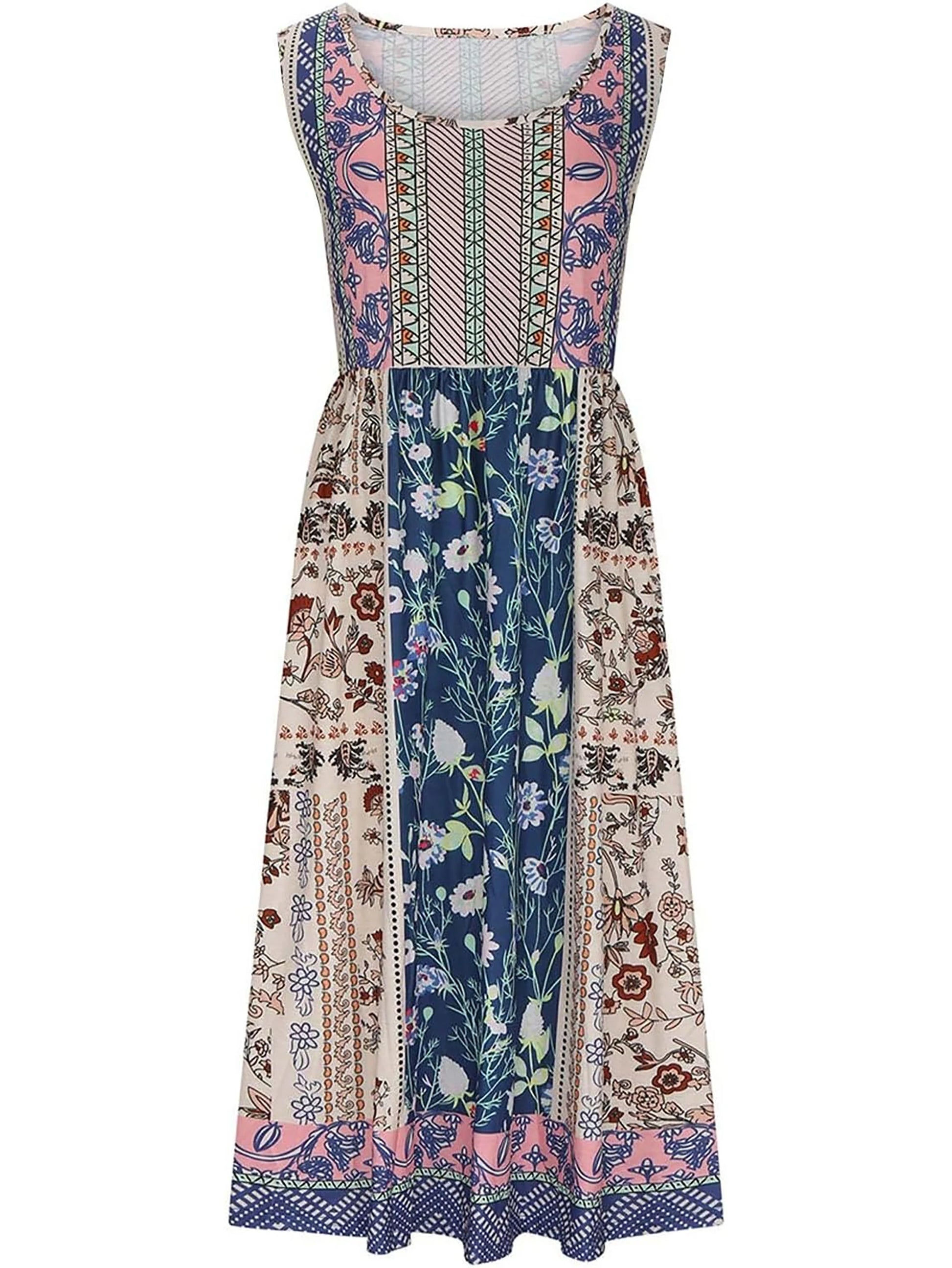 summer new! Women's sleeveless Bohemian floral casual beach MIDI sundress with pockets flowing and loose