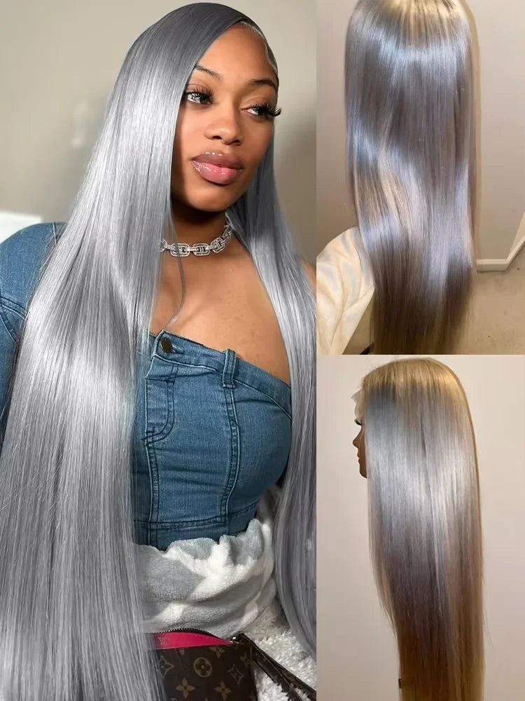 Silver Grey Straight Human Hair Wigs Brazilian 180% Density 13x6 HD Lace Frontal Colored Wig 36 Inch Pre Plucked With Baby Hairline For Women On Sale