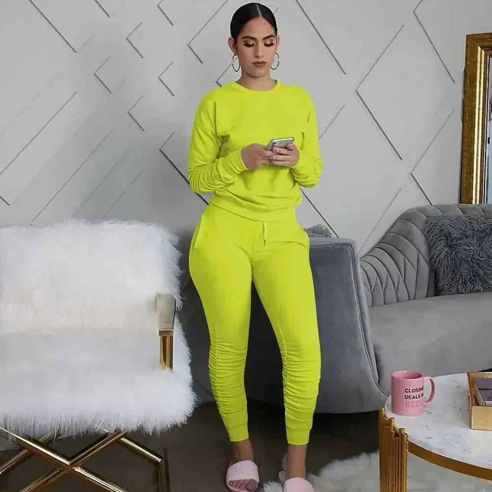 Women’s Slim Fit Long Sleeve Two Piece Set – Casual Warm Top & Elastic Waist Pants Outfit