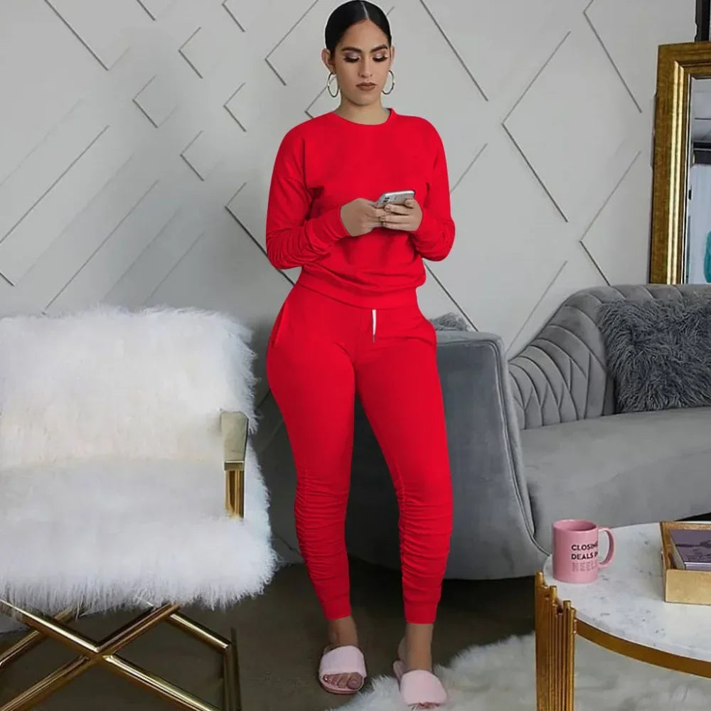 Women’s Slim Fit Long Sleeve Two Piece Set – Casual Warm Top & Elastic Waist Pants Outfit