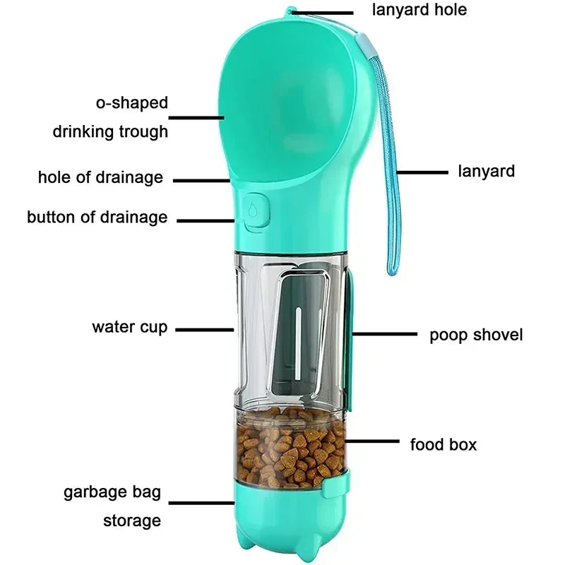 3-in-1 Portable Dog Water Bottle with Food Feeder & Poop Bag Dispenser