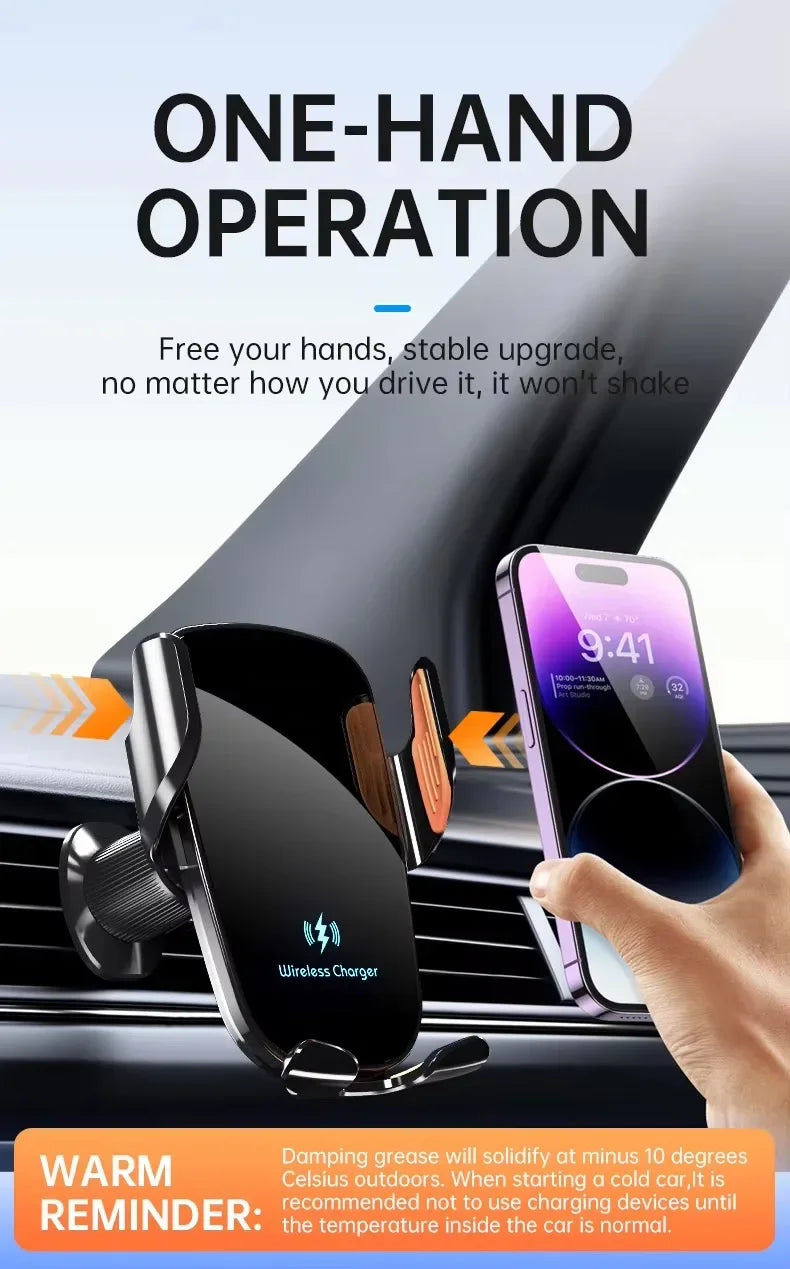 Fast Charge Wireless Car Charger with Manual Clamping Air Vent Mount for Samsung Android & iPhone 16 15 14 13 - Type C Qi Certified